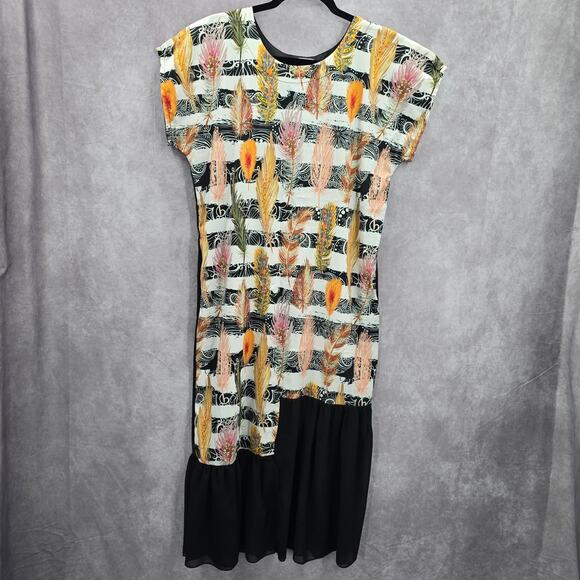 Takaya Siam Black Short Sleeve Maxi Feather Print Sheer Ruffle Dress Medium - Picture 1 of 8
